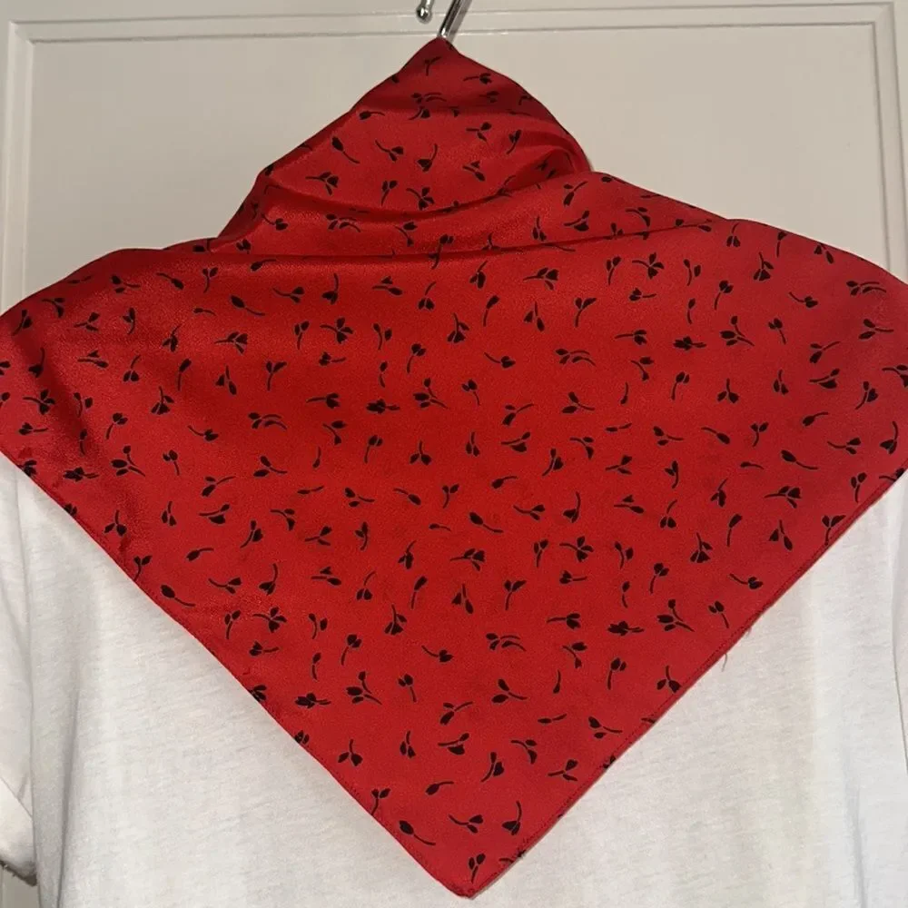 Red with small black floral‎ print polyester square neck scarf